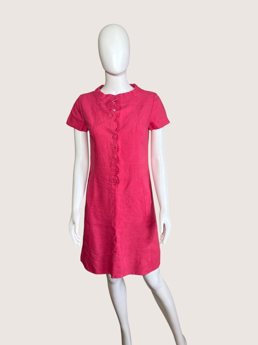 Pink Linen Blend Shift Midi Dress with Scalloped Trim